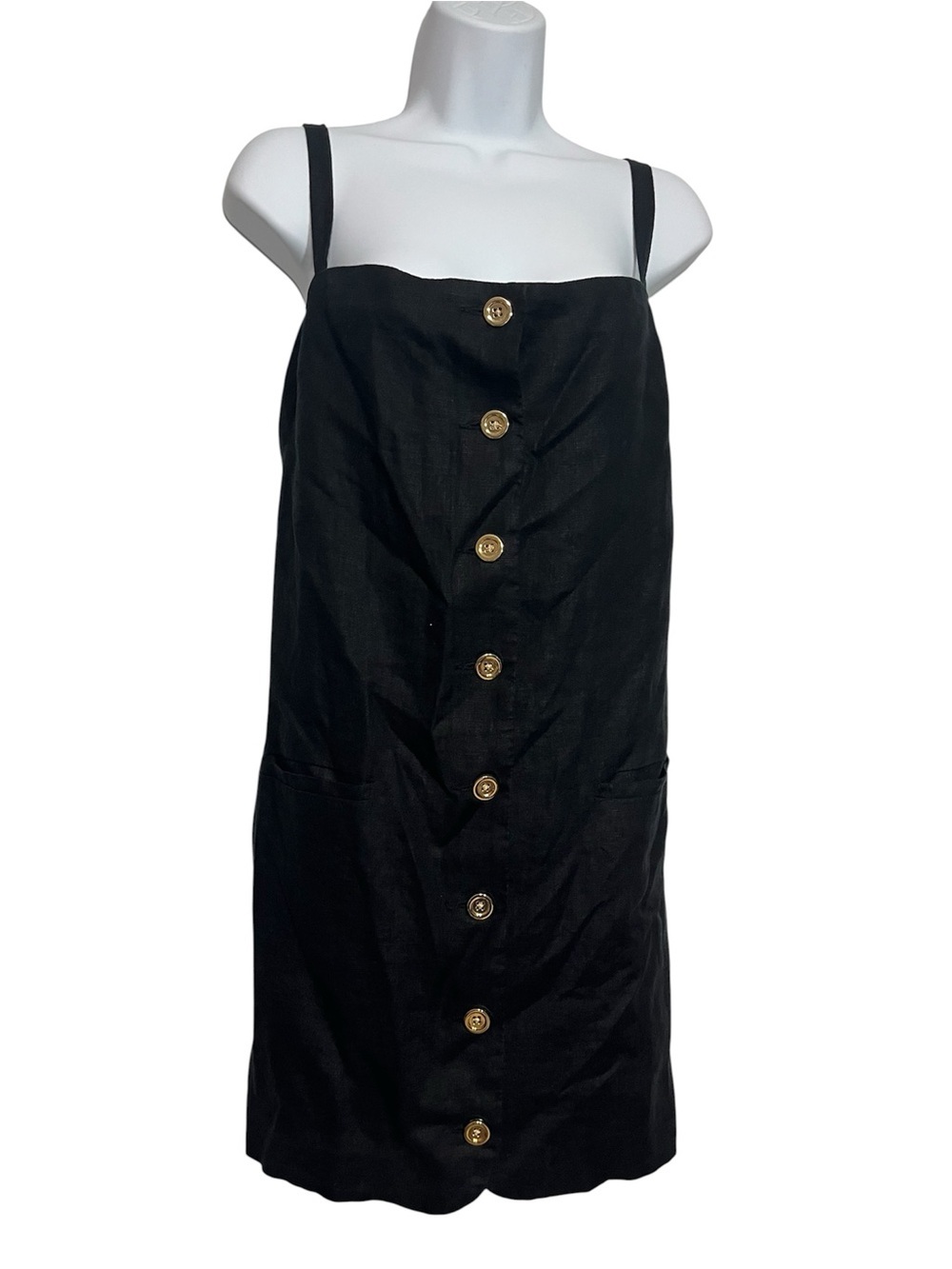 NWT J. Crew Claudia 100% Linen Shift Dress Black Gold Buttons Pockets Summer